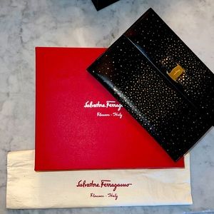 NWT Salvatore Ferragamo Miss Vara twinkle Black Envelope Clutch w/Gold Star/Moon